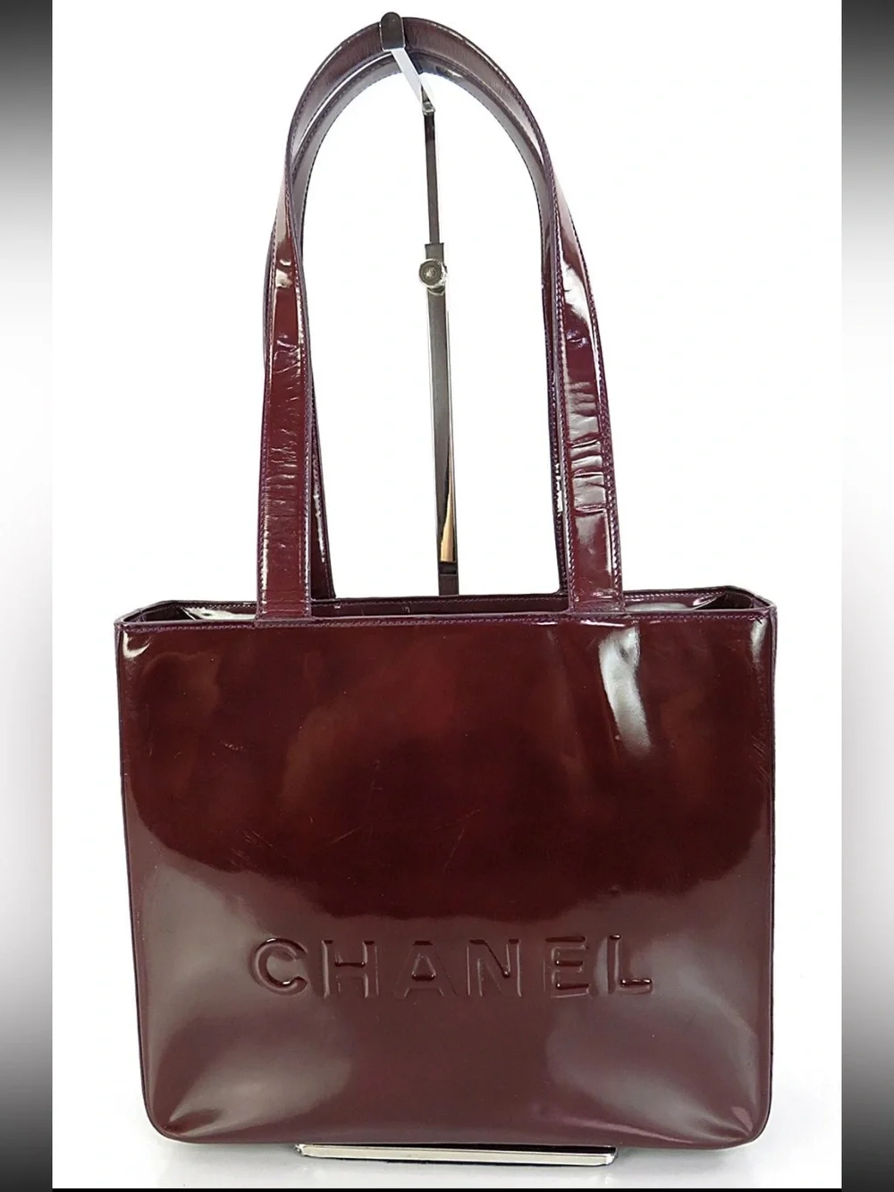 CHANEL Patent Leather Tote Bag in Deep Burgundy